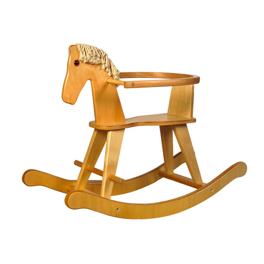 Holzschaukelpferd Blondy – Vorderansicht des liebevoll gestalteten Kinder-Schaukelpferds