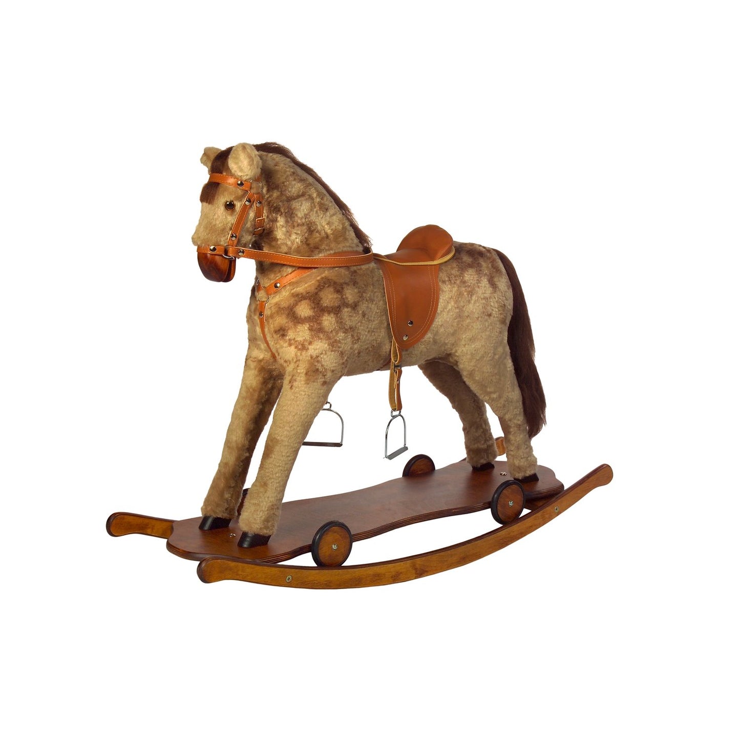 Schaukelpferd Silberwind auf Rollbrett – Vorderansicht mit Rollbrett