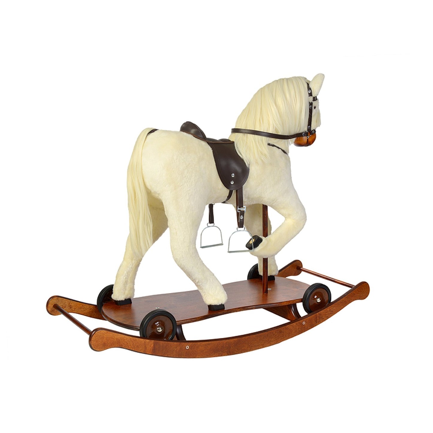 XXL Schaukelpferd Sophie auf Rollbrett – Rückansicht des extra großen Holzpferds
