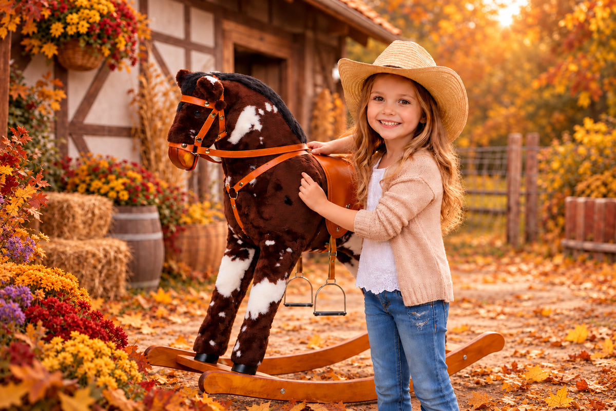 Mädchen mit Cowboyhut neben dem braun-weißen Schaukelpferd Cheyenne mit Holz-Kufen in einer herbstlichen Hofkulisse.