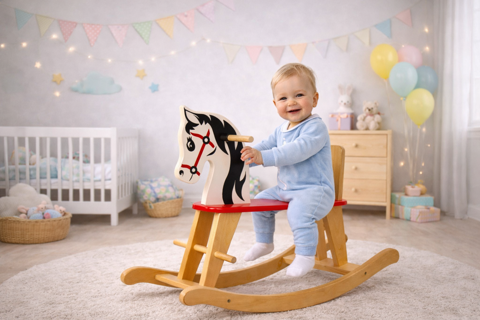 Holz Schaukelpferd kleiner Fuchs mit einem kleinen Jungen im Kinderzimmer