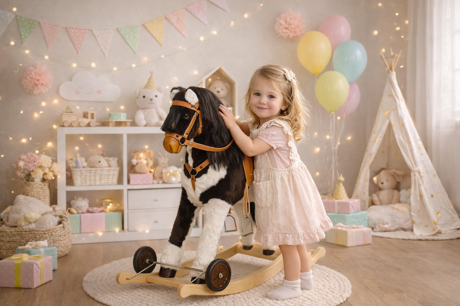 Schaukelpfer Lady mit Rollen und einem kleinen Mädchen in einem Kinderzimmer
