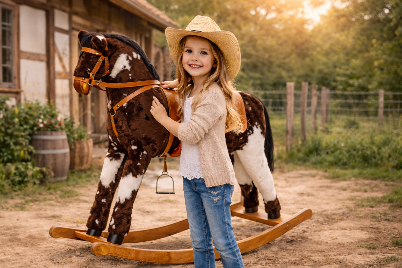 Mobiles Bannerbild Schaukelpferd Cheyenne mit Mädchen vor einem Bauernhof