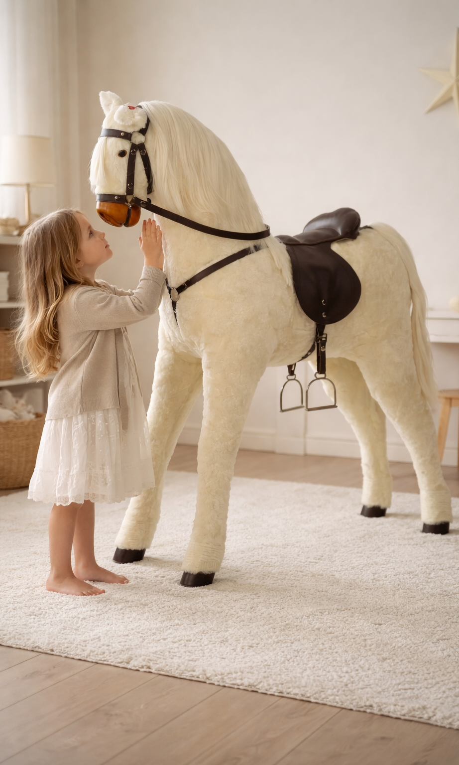 Plüschpferd Princessa mit einem kleinen Mädchen welches zu dem Pferd empor schaut