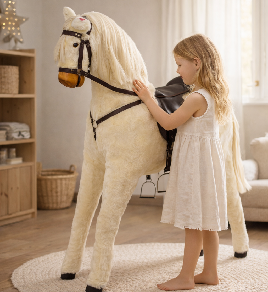 Plüschpferd Princessa – Kind spielt mit weichem Plüschpferd
