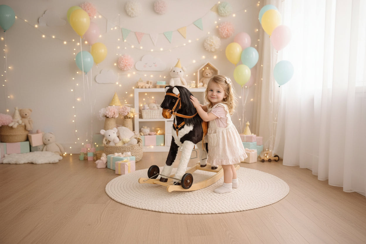 Kategorie Foto Schaukelpferd Lady mit Rollen und ein Mädchen im Kinderzimmer 