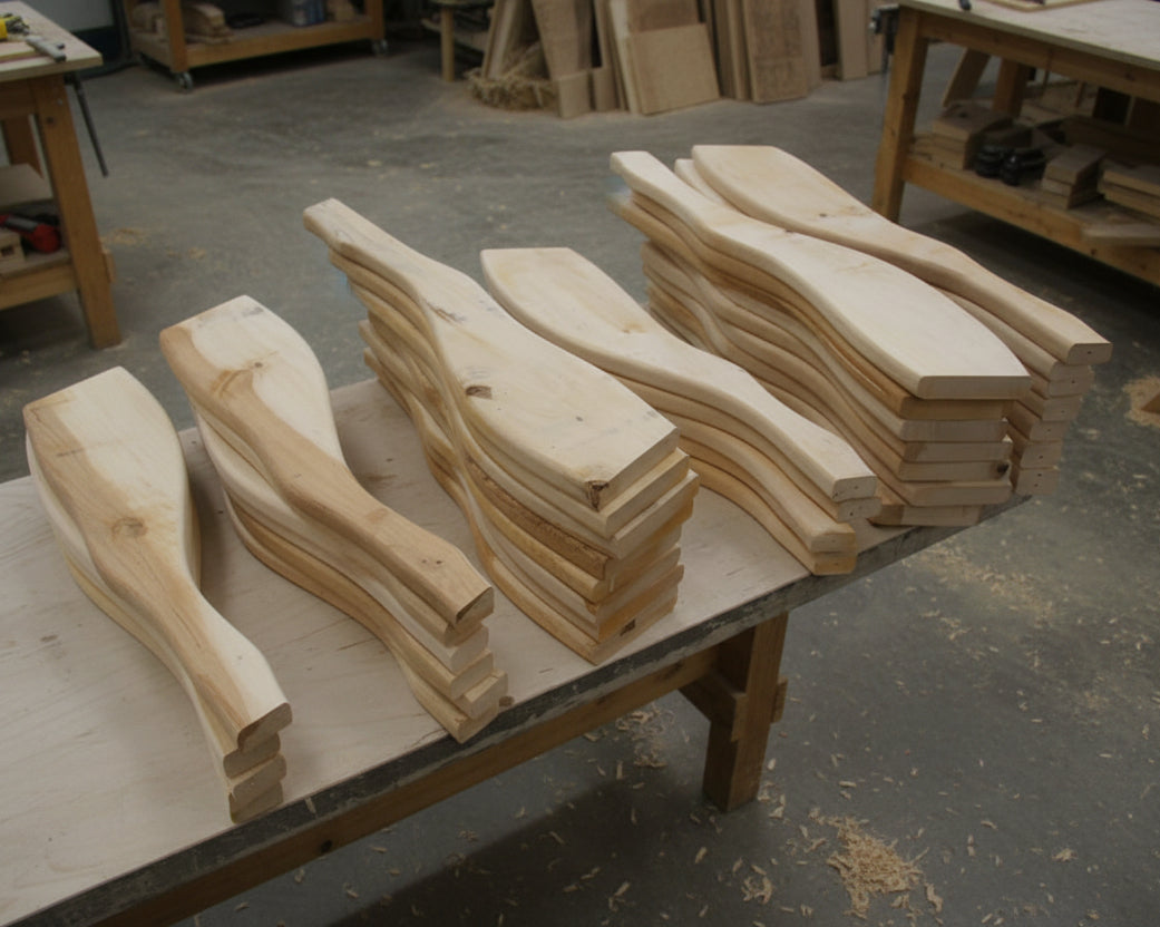 Zugeschnittene Holzteile für ein Schaukelpferd in der Werkstatt
