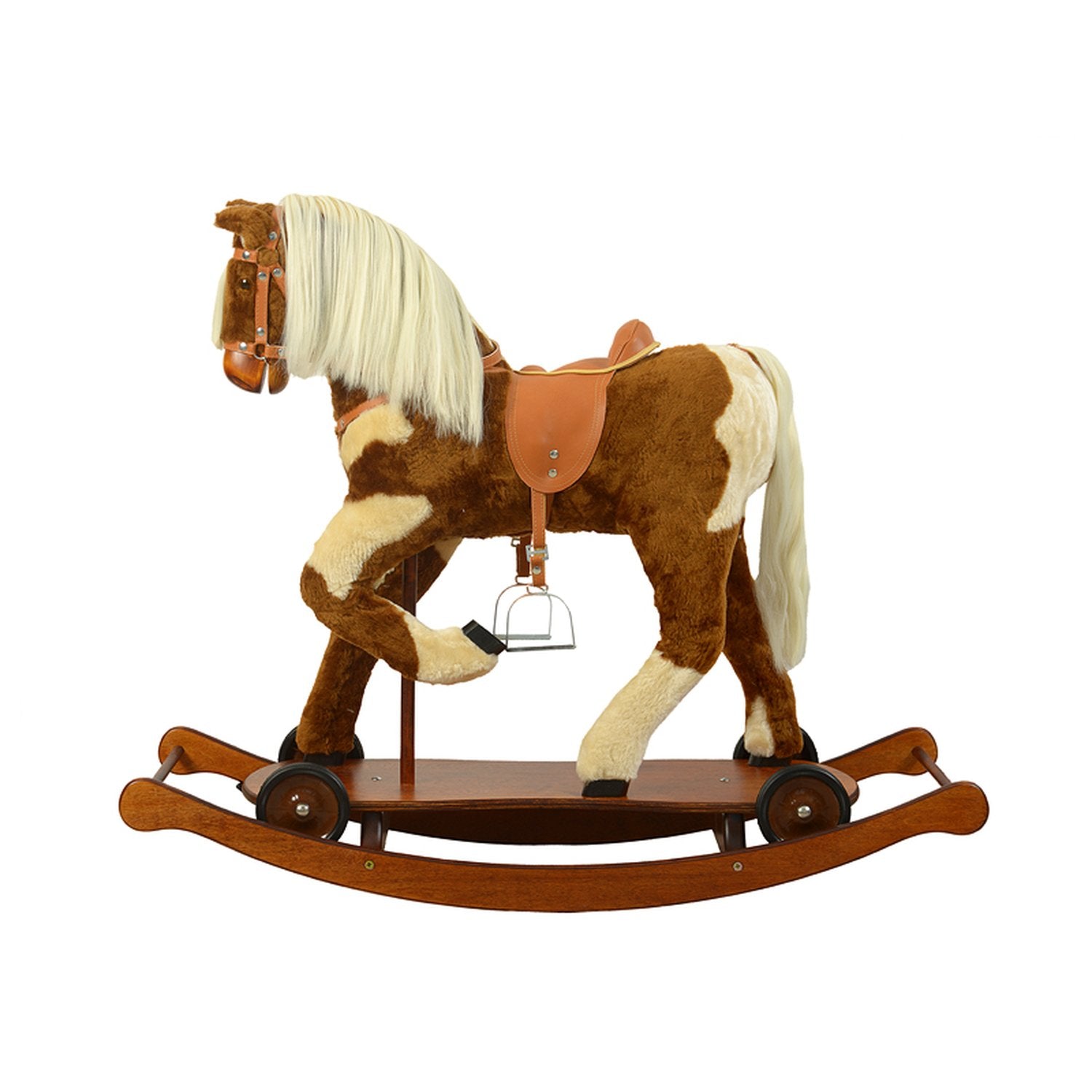 Schaukelpferd Annabella auf Rollbrett – Seitenansicht des Kinder-Schaukelpferds
