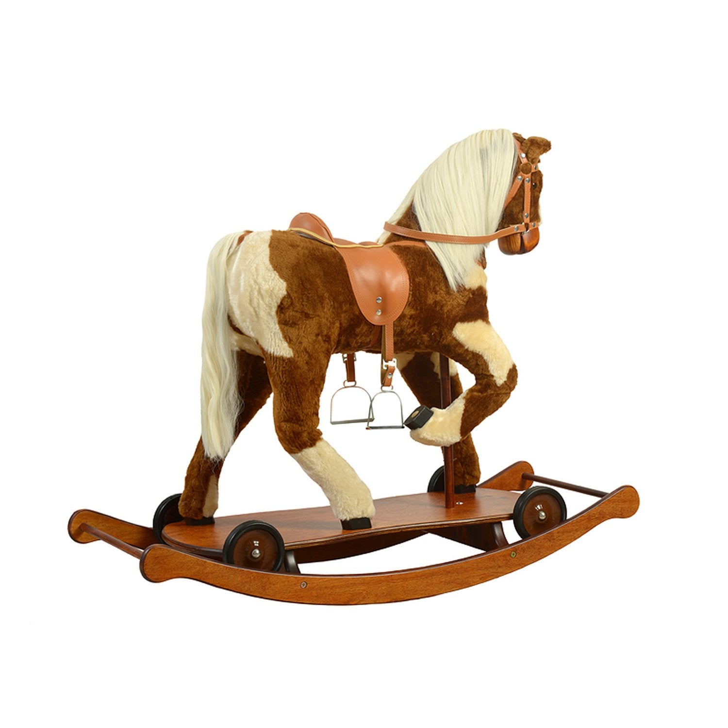 Schaukelpferd Annabella auf Rollbrett – Rückansicht des stabilen Holz-Schaukelpferds
