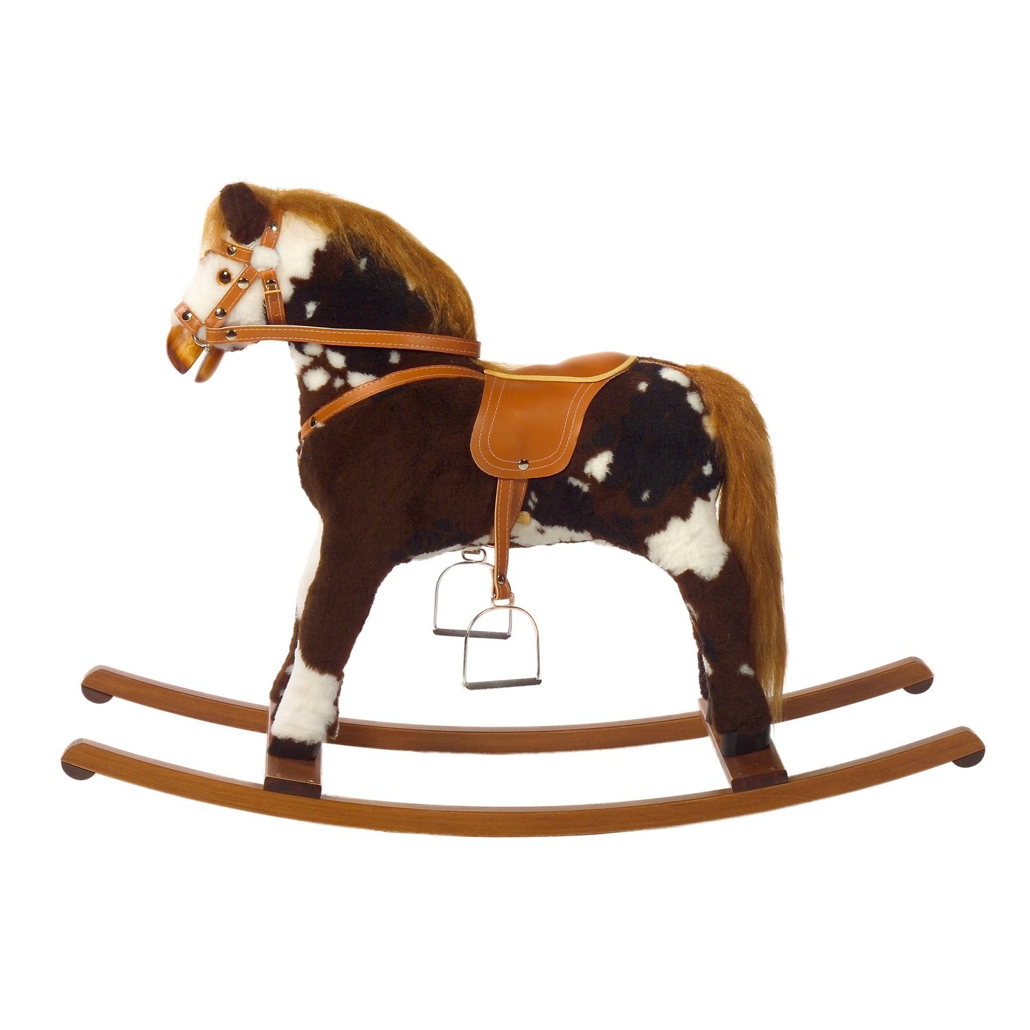 Schaukelpferd Apache – Seitenansicht des rustikalen Holz-Schaukelpferds
