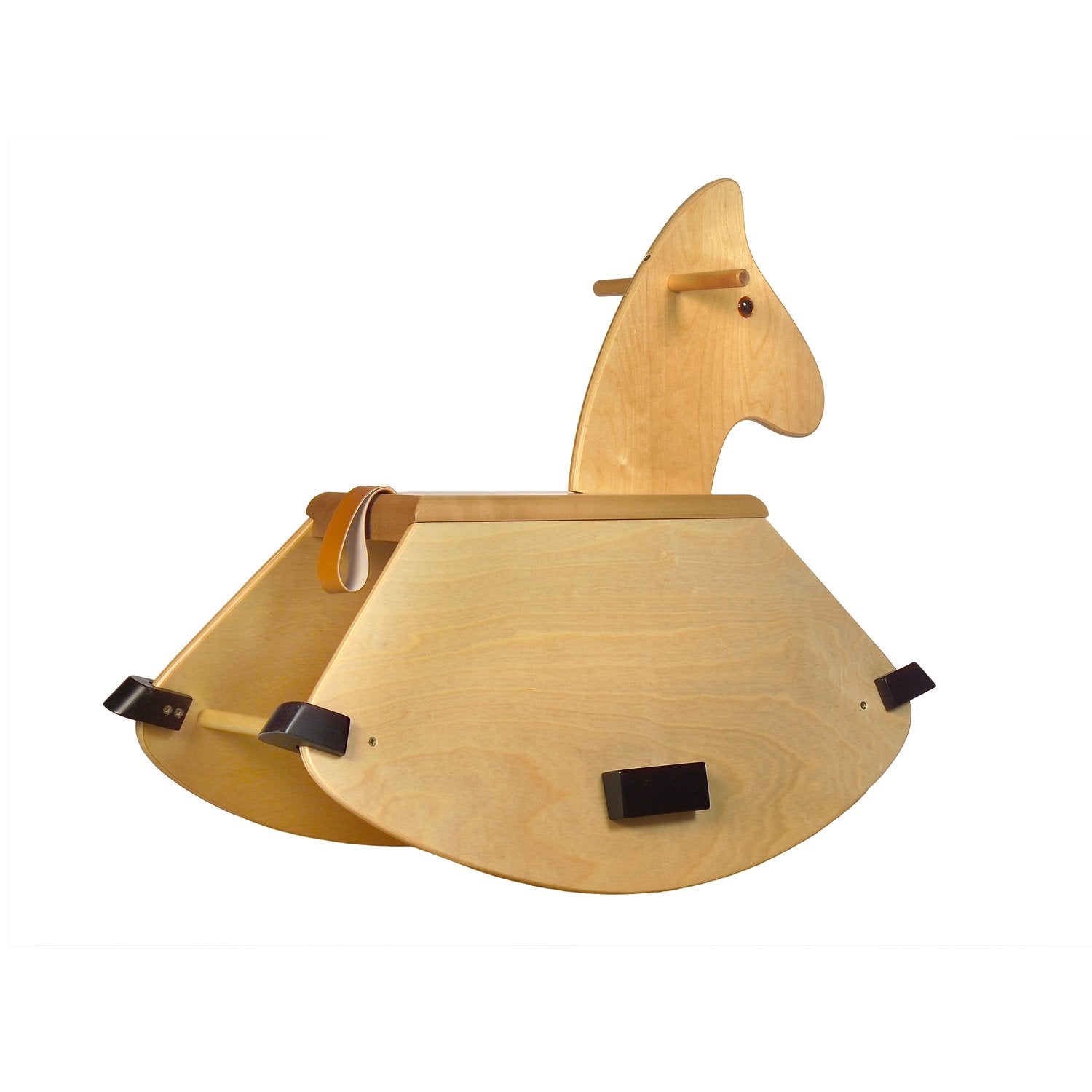 Schaukelpferd Bommel – Rückansicht des stabilen Holzpferds
