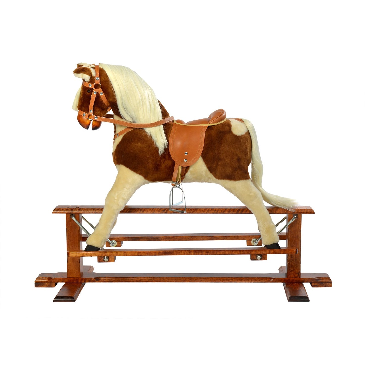 Schaukelpferd Diana – Seitenansicht des eleganten Holz-Schaukelpferds

