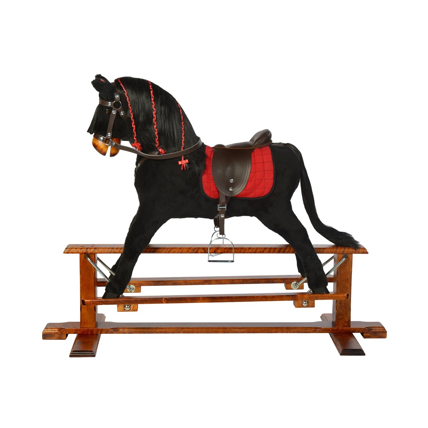 Schaukelpferd Evelyn – Seitenansicht des eleganten Holz-Schaukelpferds
