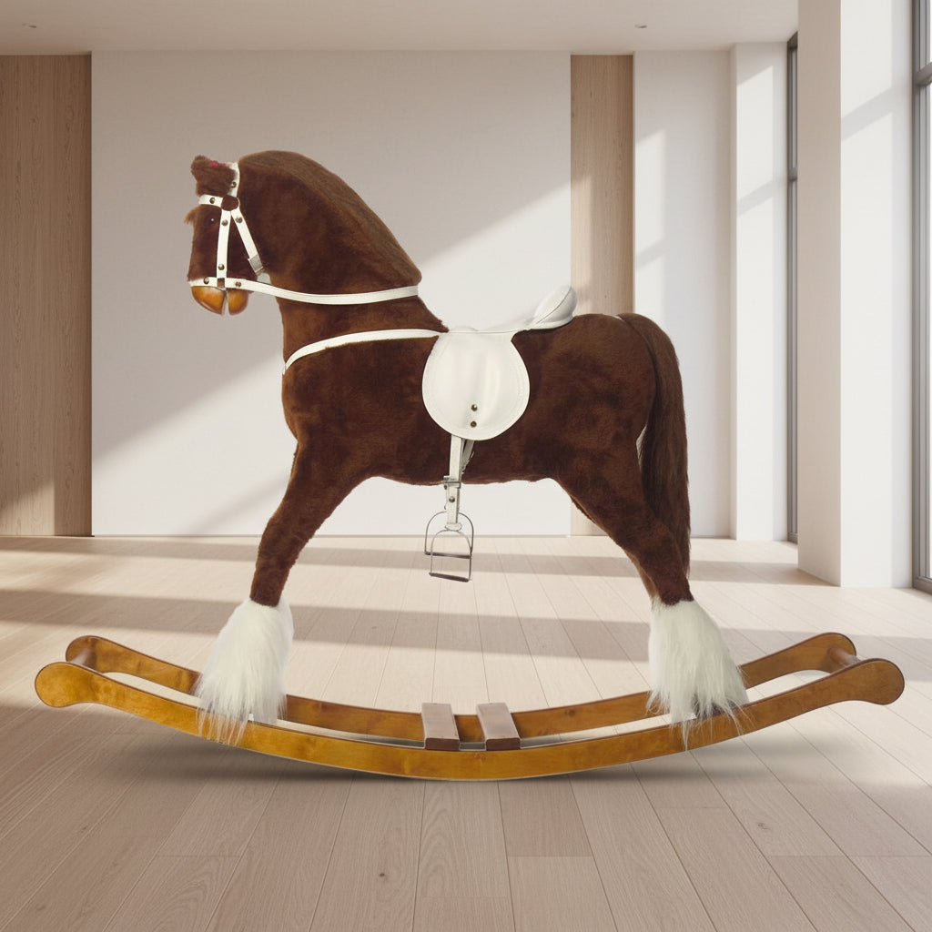 Schaukelpferd Goldstern allein in einem großen Wohnzimmer