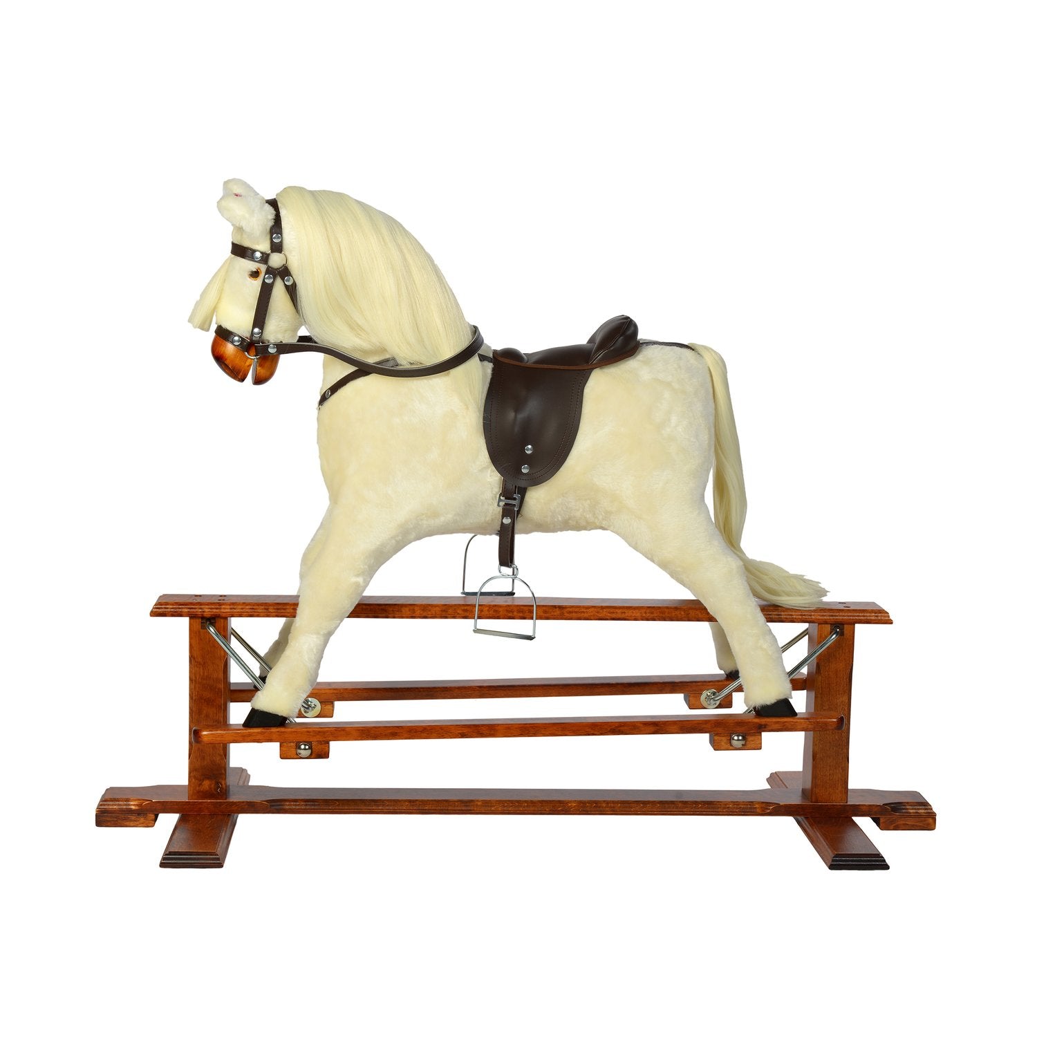 Schaukelpferd Jessy – Seitenansicht des klassischen Holz-Schaukelpferds
