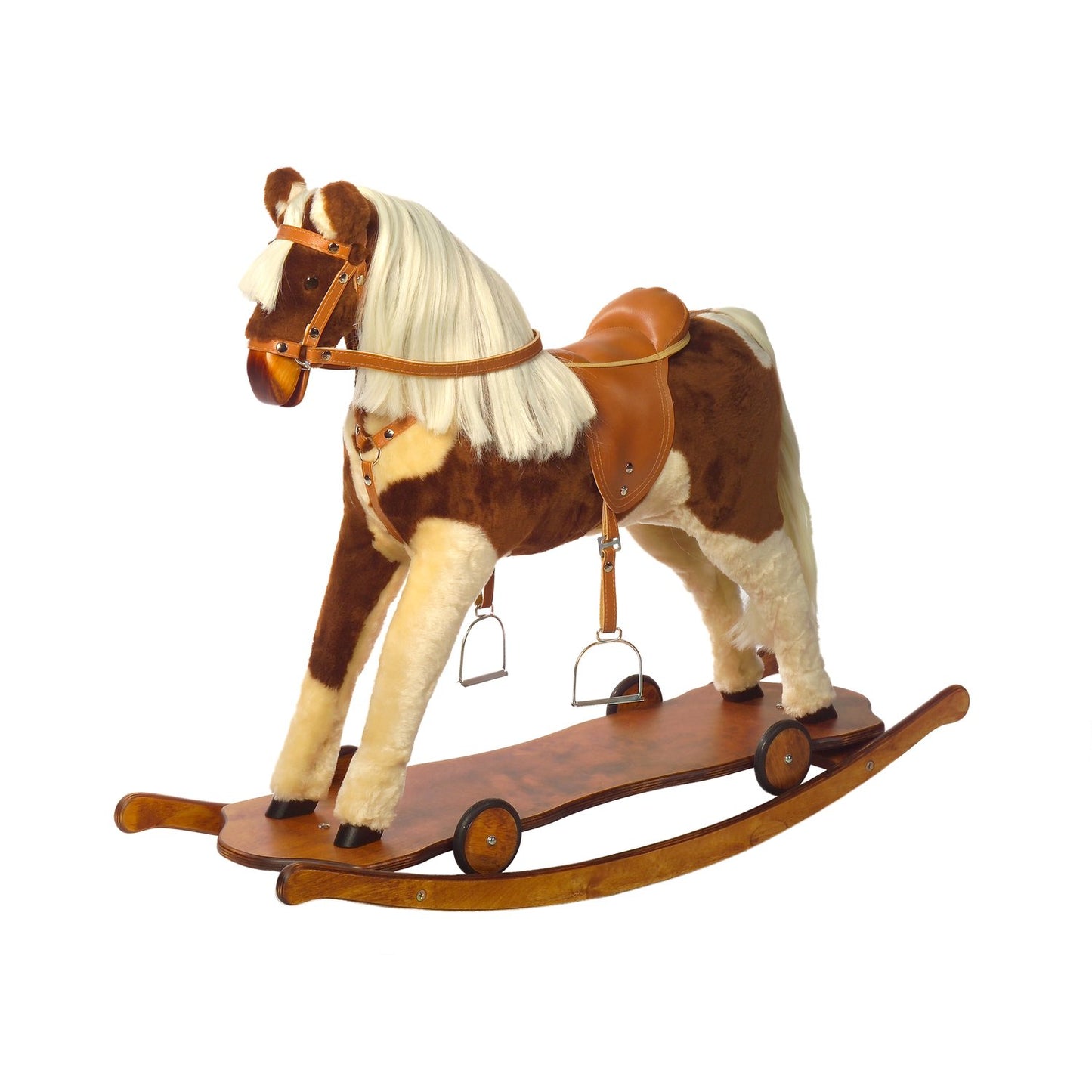 Schaukelpferd Lucy auf Rollbrett – Vorderansicht mit Rollen
