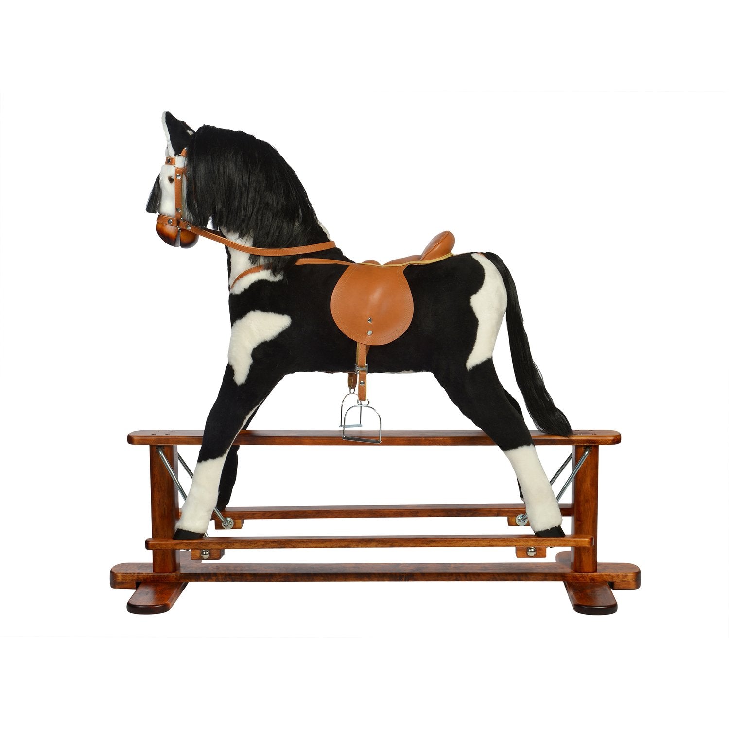 Schaukelpferd Mila – Seitenansicht des liebevoll gestalteten Holz-Schaukelpferds

