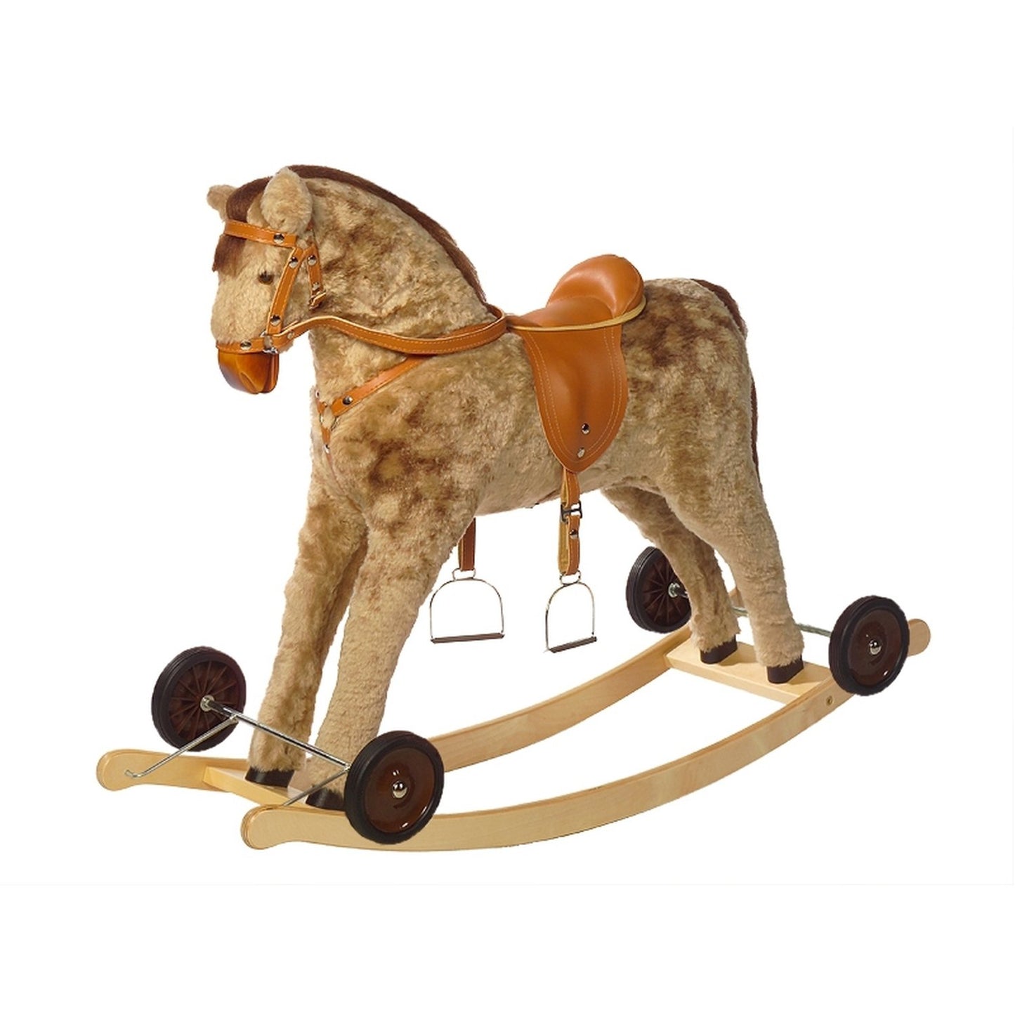 Schaukelpferd Silberwind auf Rollen – Vorderansicht mit Rollen
