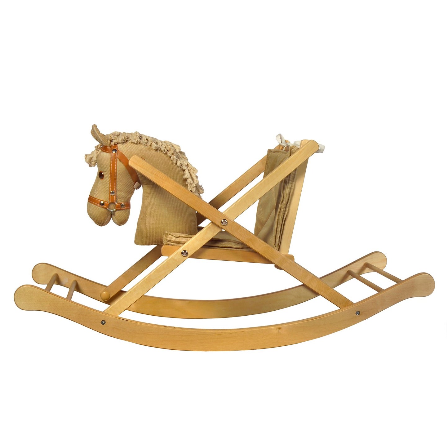 Schaukelpferd Xenia – Seitenansicht des eleganten Holz-Schaukelpferds
