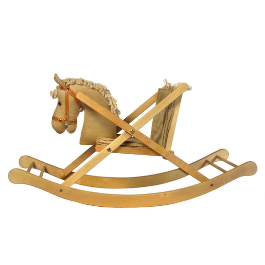 Schaukelpferd Xenia – Seitenansicht des eleganten Holz-Schaukelpferds
