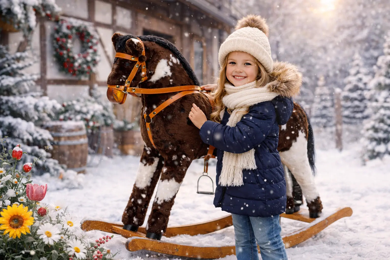 Schaukelpferd Cheyenne von Kids Max mit einem Mädchen im Winter