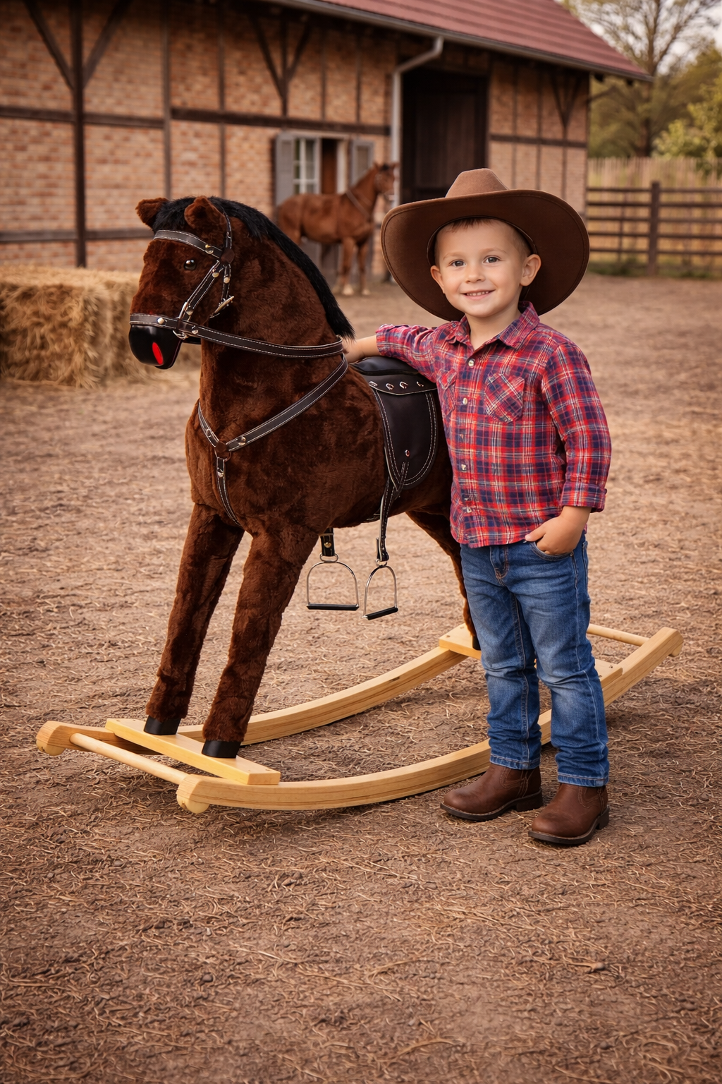 Das Kidsmax Schaukelpferd Bonanzo mit einem kleinen Jungen im Schaukelpferd Berater