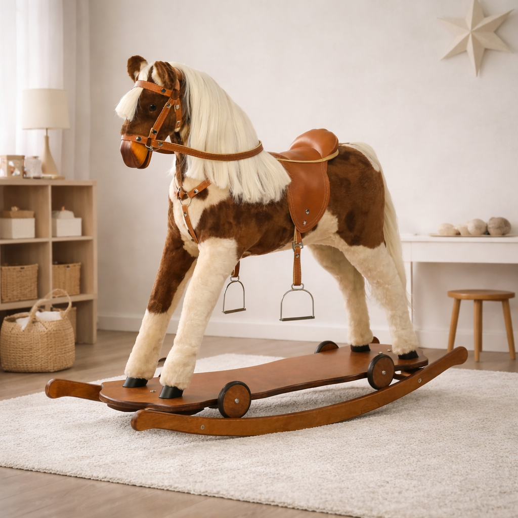 Das Kidsmax Schaukelpferd Lucy mit Rollbrett in einem Kinderzimmer