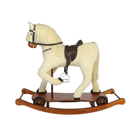 XXL Schaukelpferd Sophie auf Rollbrett – Seitenansicht des großen Schaukelpferds
